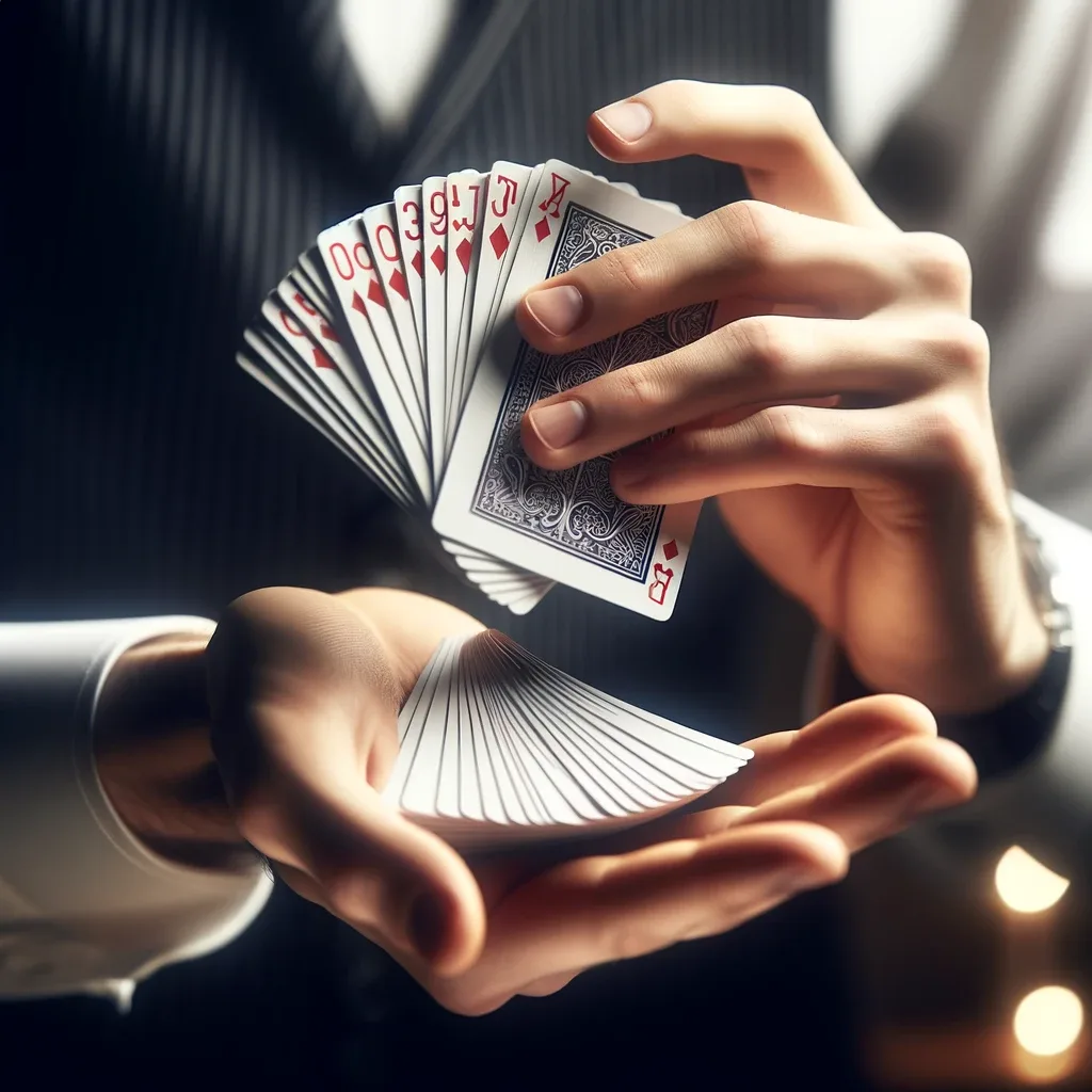 Mains d’un magicien réalisant un tour de cartes en magie close-up